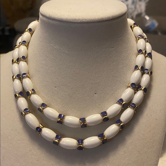 Trifari White and Blue Double-Strand Necklace - Picture 1 of 5